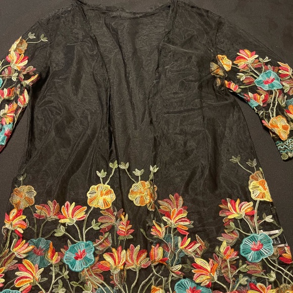 Tops - Floral Embroidered Sheer Black kimono